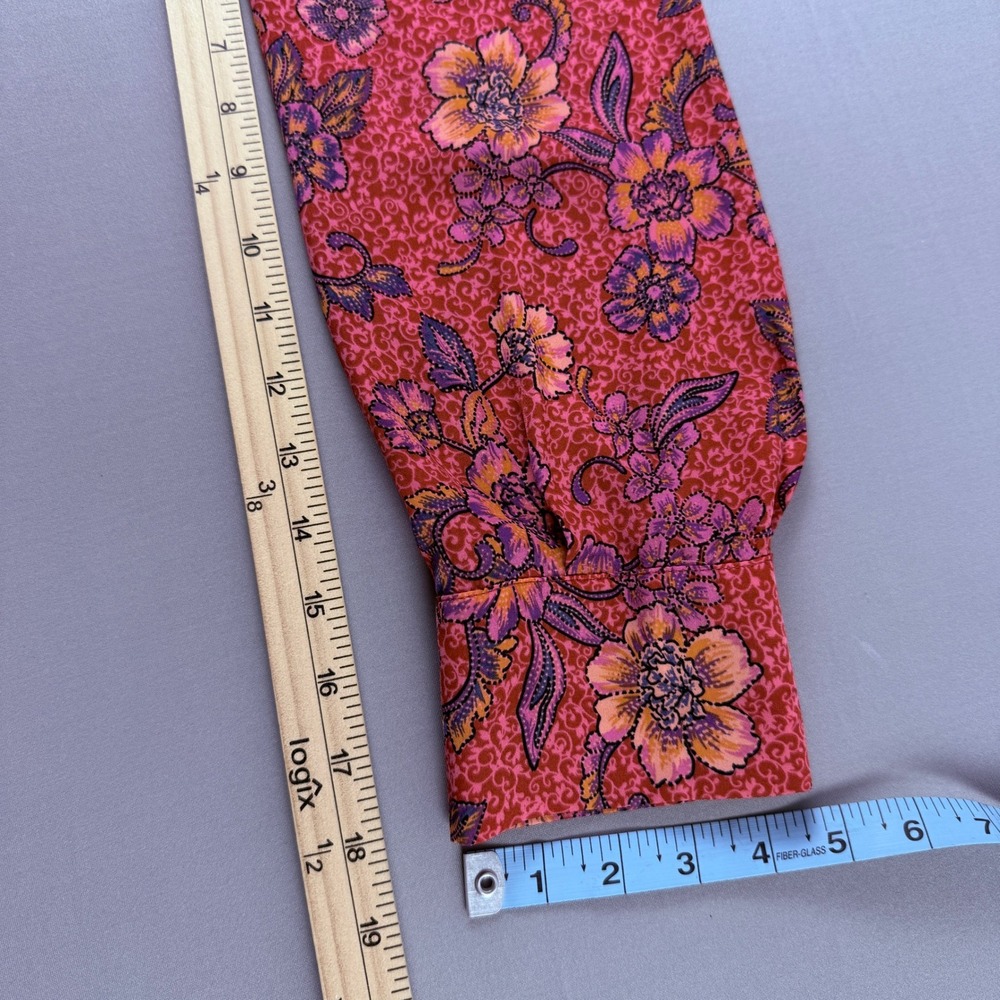Free People Crop Top L Floral Ruched Blouse Red Pink Boho Bright Slip Smocked - Picture 11 of 16